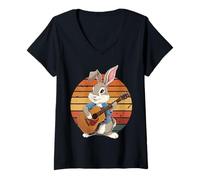 Donna Coniglio Suonare Chitarra Vintage Chitarra Retro Rock Gu Maglietta con Collo a V