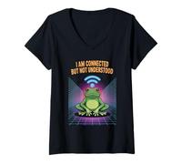 Donna Connected But Not Understood - Absurd Frog WiFi Vaporwave Maglietta con Collo a V