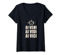 Donna Conquistatore Tecnico Robot AI Veni Vidi Vici Maglietta con Collo a V