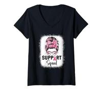 Donna Consapevolezza del Cancro al Seno Donne Support Squad Chignon disordinato Maglietta con Collo a V