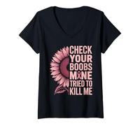 Donna Controlla Le tue Tette Consapevolezza del Cancro al Seno Girasole Warriors Maglietta con Collo a V