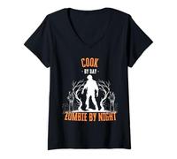 Donna Cook by Day Zombie by Night Divertente Halloween Creepy Chef Maglietta con Collo a V