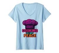 Donna Cooking Is My Peace Chef Amante del Cibo Cucina Zen Maglietta con Collo a V