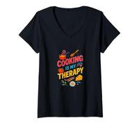 Donna Cooking is My Therapy - Decorazione da Cucina Colorata per Gli Amanti del Cibo Maglietta con Collo a V
