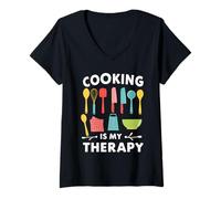 Donna Cooking Is My Therapy, Divertente Design Chef Maglietta con Collo a V