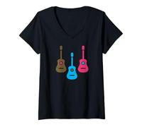 Donna Cool Acoustic Guitar Artwork Brown Blu Rosa Maglietta con Collo a V