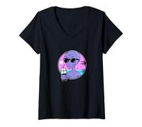 Donna Cool Alien Drinking Summer Juice Illustration Graphic Design Maglietta con Collo a V