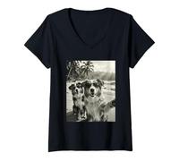 Donna Cool Australian Shepherd Selfie Beach Occhiali da Sole Cani Maglietta con Collo a V