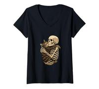 Donna Cool Best Friends Skelton Hugs a Cat Illustration Graphic Maglietta con Collo a V