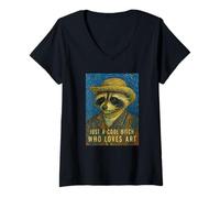 Donna Cool Bitch Art Lover Racoon Selfie Stile Pittura Vincent Van Gogh Maglietta con Collo a V