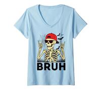 Donna Cool Bruh Skeleton with Rock On Hands Funny Halloween Maglietta con Collo a V