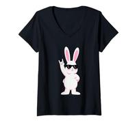 Donna Cool Bunny Rock On Funny Rabbit Occhiali da Sole Design Maglietta con Collo a V