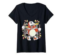 Donna Cool Cartoon Drum Kit Jam Maglietta con Collo a V