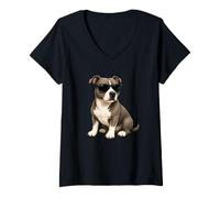 Donna Cool Cartoon Pitbull Cane in Occhiali da Sole Design Maglietta con Collo a V
