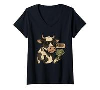 Donna Cool Cash Mucca Bruh Occhiali da sole Soldi Divertente Animale Mucca Maglietta con Collo a V