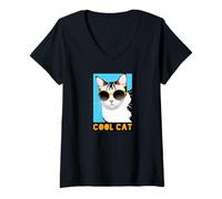 Donna Cool Cat - Occhiali da Sole con Gatto Pop Art Maglietta con Collo a V