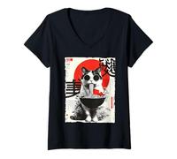 Donna Cool Cat Ramen Estetica Giapponese Artwork Groovy Anime Cat Maglietta con Collo a V
