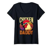 Donna Cool Chicken Daddy Rooster Retro Occhiali da Sole Farming Dad Maglietta con Collo a V