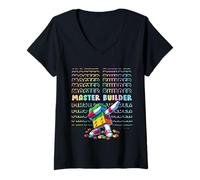 Donna Cool Colorful Master Builder Dabbing Blocks Bricks Builder Maglietta con Collo a V