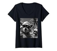 Donna Cool Cousin Club Raccoons Tropicale Divertimento Selfie Maglietta con Collo a V
