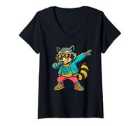 Donna Cool Cousin Club Retro Raccoon Dab Fun Vibes Maglietta con Collo a V