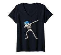 Donna Cool Dabbing Skeleton with cap Halloween Dance Maglietta con Collo a V