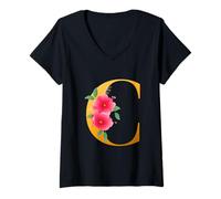 Donna Cool Floral Alphabet Cute Initial Monogram Letter C Graphic Maglietta con Collo a V