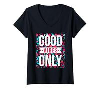 Donna Cool Floral Good Vibes Only Motivational Good Vibes Quotes Maglietta con Collo a V
