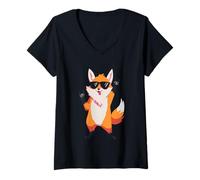 Donna Cool Fox Double Rock Hand Signs Occhiali da Sole Punk Graphic Maglietta con Collo a V