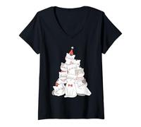 Donna Cool Funny Christmas Cats Tree, Xmas New Year Present Fun Maglietta con Collo a V