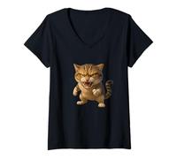 Donna Cool Funny Wild Fury Cat Illustration Graphic Designs Maglietta con Collo a V
