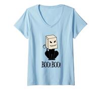 Donna Cool Halloween Meow Boo Boo Cat Illustrazione Graphic Designs Maglietta con Collo a V