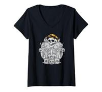 Donna Cool Halloween Skeleton Punk Rock Skater Rocker Ragazzi Uomini Maglietta con Collo a V