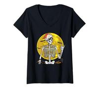 Donna Cool Halloween Skeleton Punk Rock Skater Rocker Ragazzi Uomini Maglietta con Collo a V