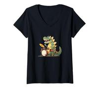 Donna Cool Jurassic Drummer Dinosaur Costume per Ragazzi e Ragazze Maglietta con Collo a V