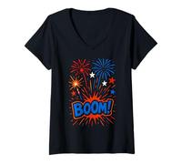 Donna Cool Kids 4 luglio BOOM Fuochi d'artificio Patriottica Americana USA Maglietta con Collo a V