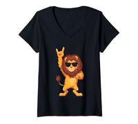 Donna Cool Lion Rock On Funny Animal Lover Occhiali da Sole grafici Maglietta con Collo a V