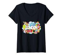 Donna Cool London Doodles Graphic Animes, London Graffiti Colors Maglietta con Collo a V