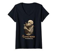 Donna Cool Love Wins Skelton Hugs a Cat Illustration Graphic Maglietta con Collo a V