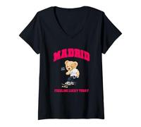 Donna Cool Madrid Spain Teddy Bear Illustration Graphic Cartoon Maglietta con Collo a V