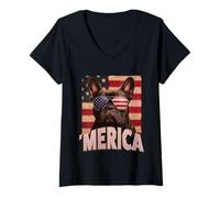 Donna Cool 'Merica Bulldog francese bandiera americana 4 luglio Maglietta con Collo a V