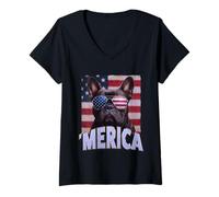 Donna Cool 'Merica Bulldog francese bandiera americana 4 luglio Maglietta con Collo a V