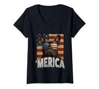 Donna Cool 'Merica Bulldog francese bandiera americana 4 luglio Maglietta con Collo a V