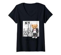 Donna Cool New York City Teddy Bear Illustration Graphic Designs Maglietta con Collo a V