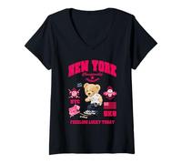 Donna Cool New York City Teddy Bear Skating Illustration Graphic Maglietta con Collo a V