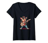 Donna Cool Pig con una chitarra elettrica che porta il divertimento Maglietta con Collo a V