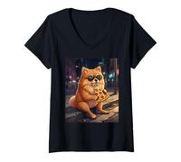 Donna Cool Pomerania Cane Mangiare Pizza Notte Scena Maglietta con Collo a V