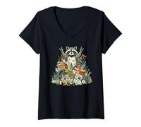 Donna Cool Procione Lover Rock Sign Gesture Garbage Trash Raccoon Maglietta con Collo a V