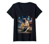 Donna Cool Pug Mangiare Taco Notte Scena Maglietta con Collo a V