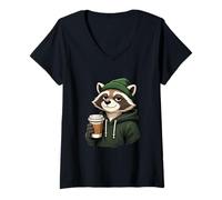 Donna Cool Raccoon caffè Mascotte Grafica Maglietta con Collo a V